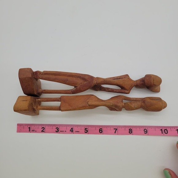 2 African Tribal Art Hand Carved Wood Figures Woman Pot on Head Man w/ Drum 12" - Picture 10 of 10